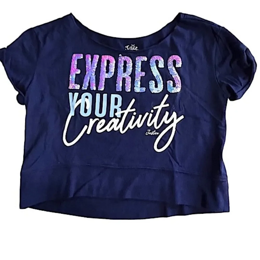 🌴 Justice “Express Your Creativity” Flip Sequin Crop Tee Navy Blue Girls 10